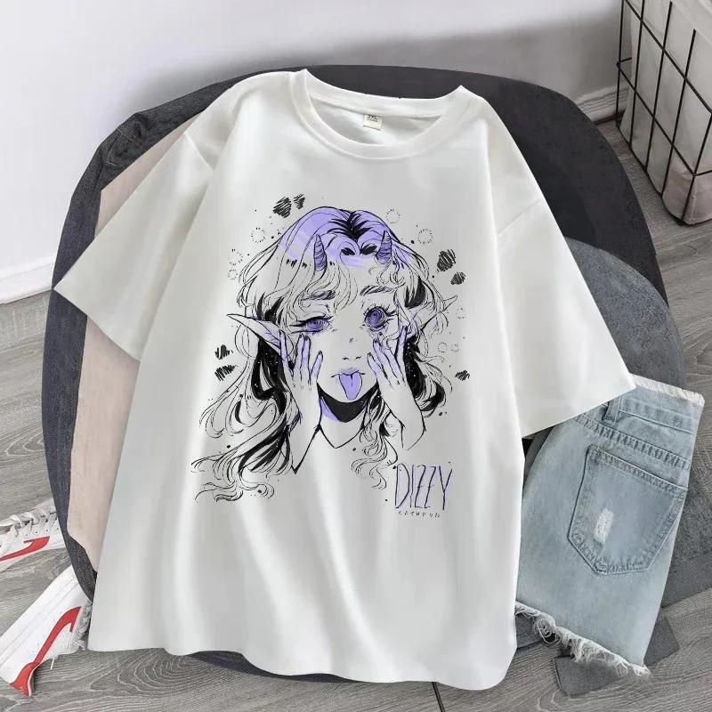 Женская футболка большого размера Kawaii Goth Harajuku Music Girl Print Black Crop Top Short Sleeve Женские футболки Y2k Mujer Grunge Kpop
