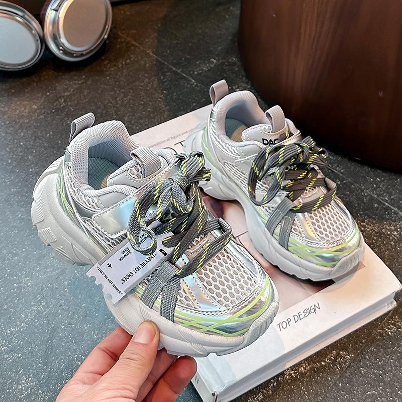 Детские дышащие кроссовки на двойной сетке, серебристые модные кроссовки, весна и осень 2025, новые, для мальчиков и девочек, в корейском стиле, повседневная обувь