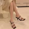 Fashion Women Summer Heeled Slippers Buckle Thin Belt Snake Print Square Head High Heel Slippers Designer Sandals Black Femme Slippers