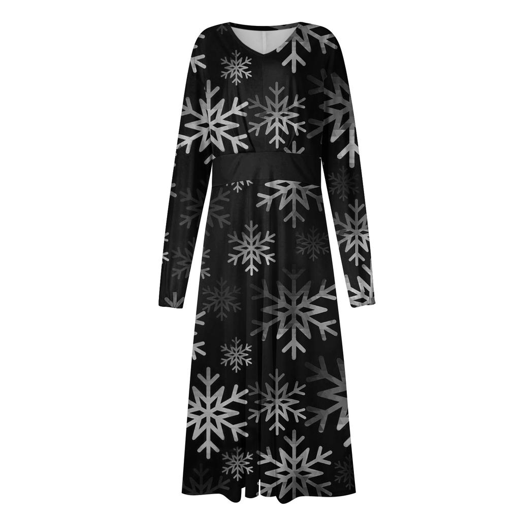 Women's Autumn And Winter Casual Fashion V-neck Long Sleeve Christmas Print Long Dress