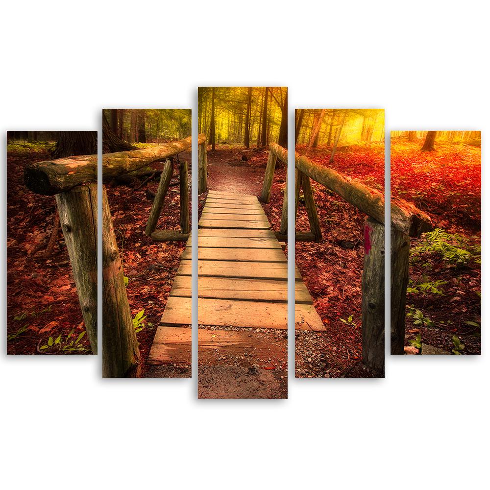 Five piece picture canvas print Autumn Forest Leaves Bridge