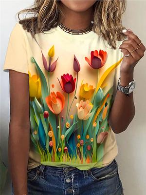 Футболка с круглым вырезом и цветочным принтом, повседневный топ с коротким рукавом для весны и лета, женская одежда