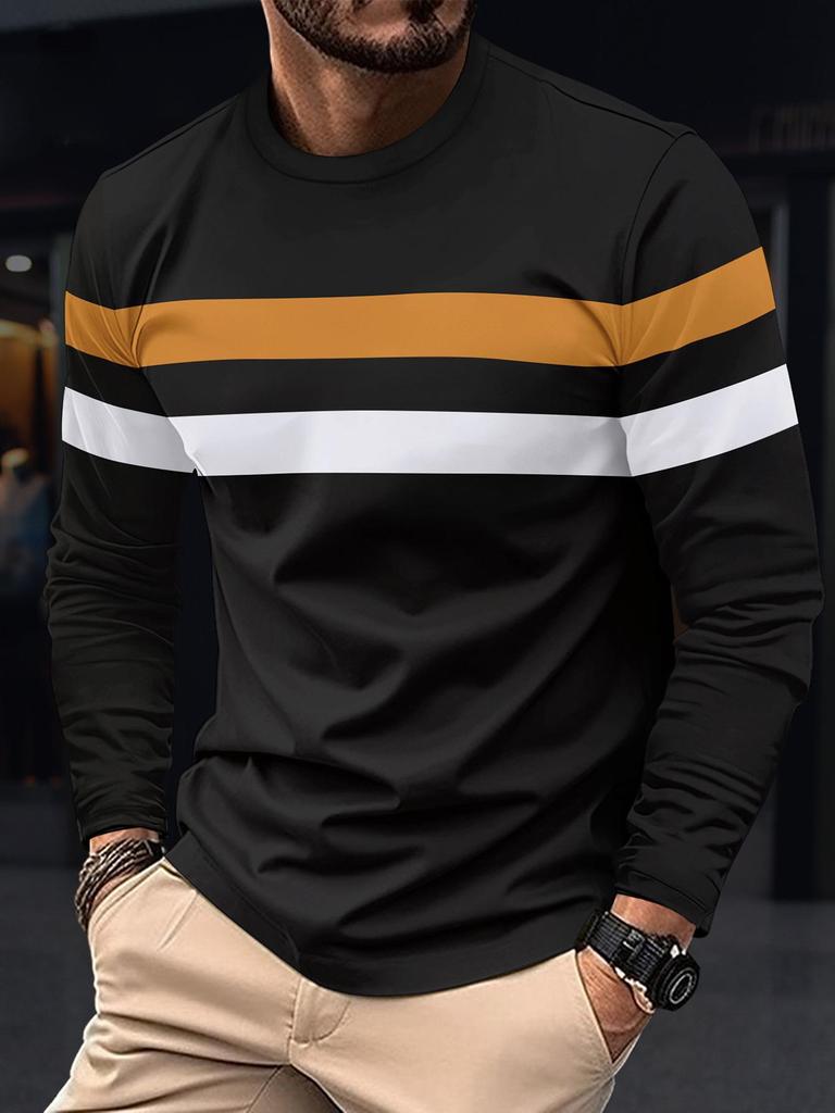 Plus Size Men's Color Block Crew Neck Long Sleeve Base Layer Pullover for Autumn & Winter