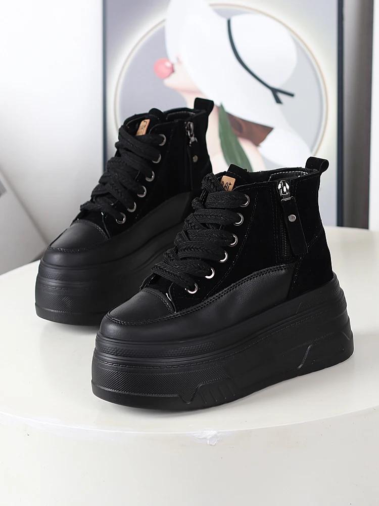 Мода 12 см Натуральная кожа PU вставка Весна Осень Ботильоны Женские Платформа Амортизированная Танкетка Высокий Бренд Массивные Кроссовки Модная Обувь