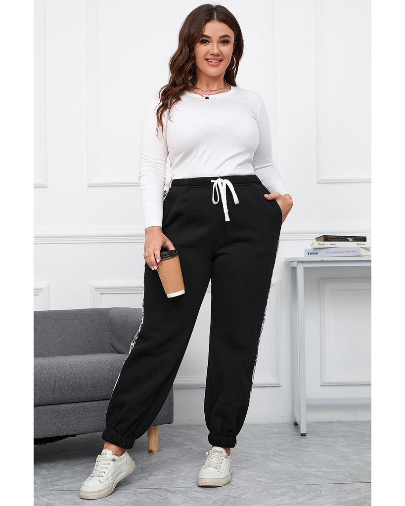 Azura Exchange Black Plus Size Contrast Leopard Side Panel Joggers