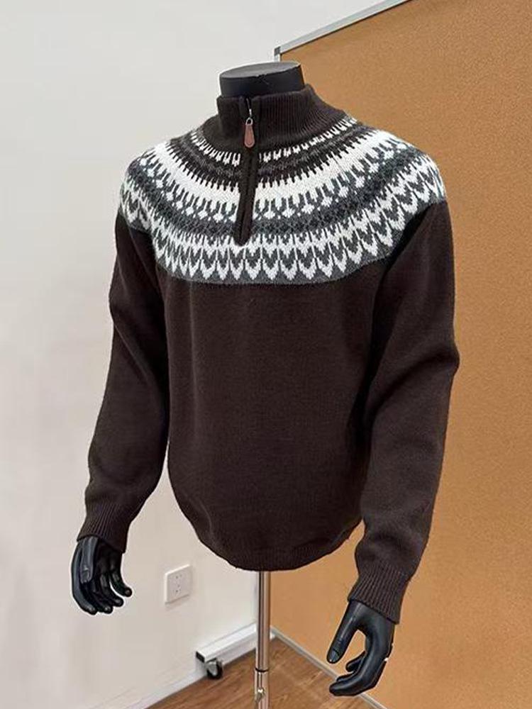 Men's Fair Isle Jacquard Half-Zip Knit Sweater, Autumn/Winter High-Neck Retro Style, Perfect for Couples