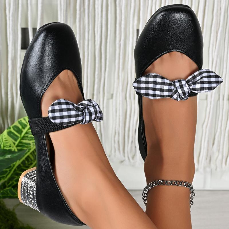 2026 New Women's High Heels Elegant Mid-heeled Pumps Fashion Plaid Bowknot Elastic Strap Mary Jane Shoes Leather Lady Heels