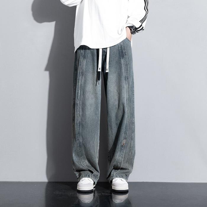 Джинсы Американский Уличный Ретро Эластичная Талия Деним Мужские Свободные Прямые Широкие Брюки