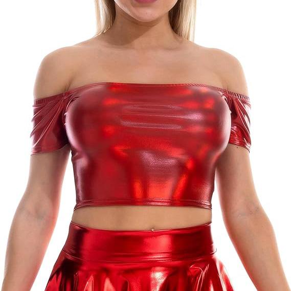 Женский блестящий металлический укороченный топ с открытыми плечами, однотонные клубные топы, футболка для танцевальной вечеринки, диско-ночи