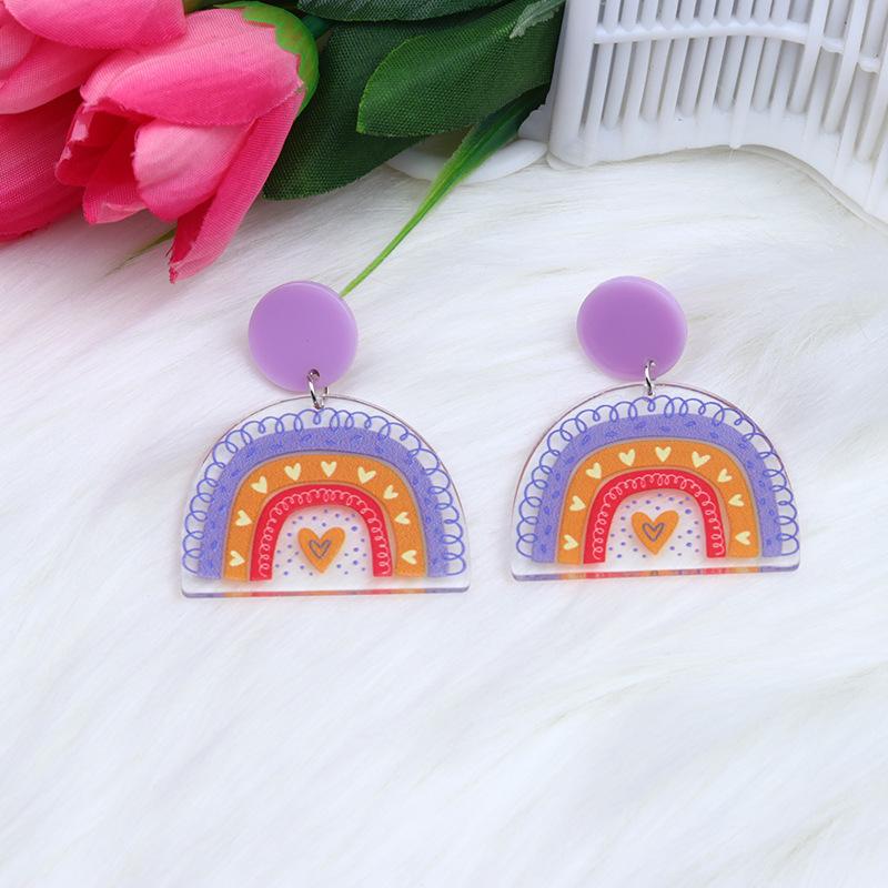 New Acrylic Printed Patchwork Earrings, Earrings, Fashionable and Personalized Love, Double Heart Rainbow Earrings, Ear Accessories for Women