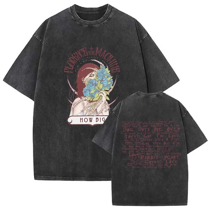 Florence and The Machine Tour Vintage Washed T Shirt Men Women Harajuku Aesthetic Oversized Cotton Tshirts Yk Streetwear