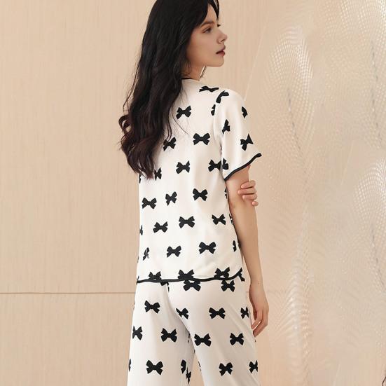 2 шт./компл. Сатиновые пижамы с принтом бантиков, V-образным вырезом на пуговицах, больших размеров, рубашка с длинным рукавом, брюки с эластичной талией и широкими штанинами