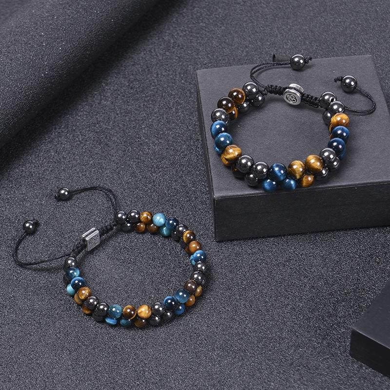 Men's Double-Layer Blue Tiger Eye & Black Agate Magnet Bracelet
