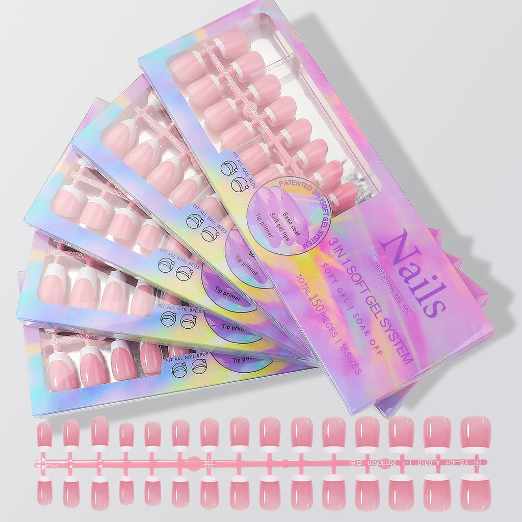 150 шт. 3 в 1 с предварительно нанесенным покрытием, французские накладные ногти, носимые прессы для дизайна ногтей, длинные накладные ногти в форме гроба, полное покрытие