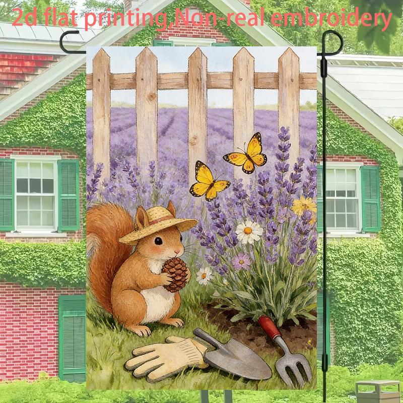 2D Flat - 2D Flat - 1pc, 2D Flat Printing, Squirrel And Butterfly Garden Flag, Material, Multiple Sizes Available, Machine Washable for Outdoor Use, D