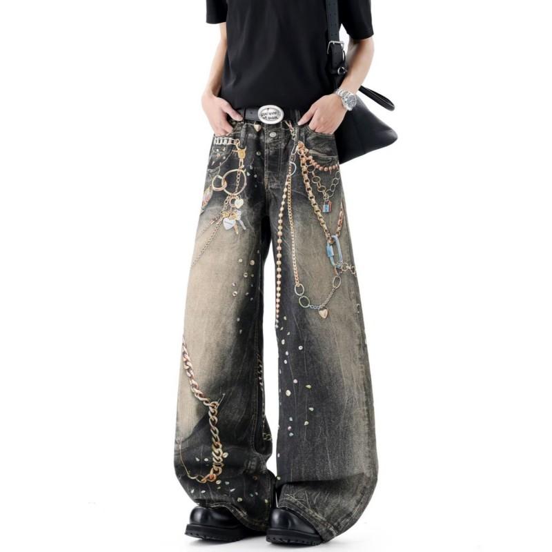 Unisex Wide Leg Straight Fit Denim Pants With 3D Printed Chain Illusion Design Cotton Blend Mid-Rise Loose