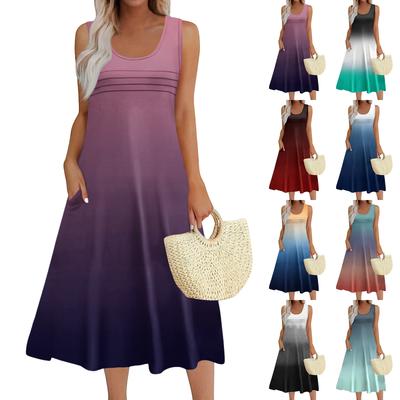 Женское модное пляжное платье без рукавов с круглым вырезом и карманами, длинные платья с градиентом