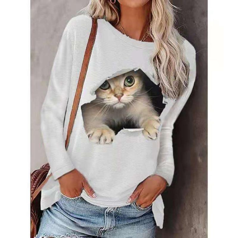 YYFS Women's Fashion Casual Spring Fall Cat Print Long Sleeve O Neck Blouses & Shirts