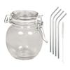 Glass Jar with Lid + 4 Stainless Steel Straws