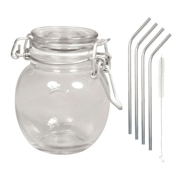 Glass Jar with Lid + 4 Stainless Steel Straws