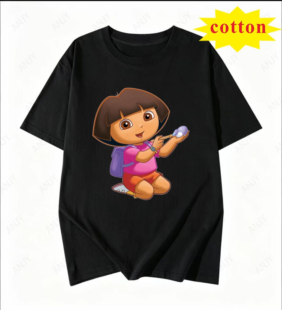 Dora The Explorer Cartoon Print Short Sleeve Loose Fit Pure Cotton Round Neck Tshirt Cute Unisex Top