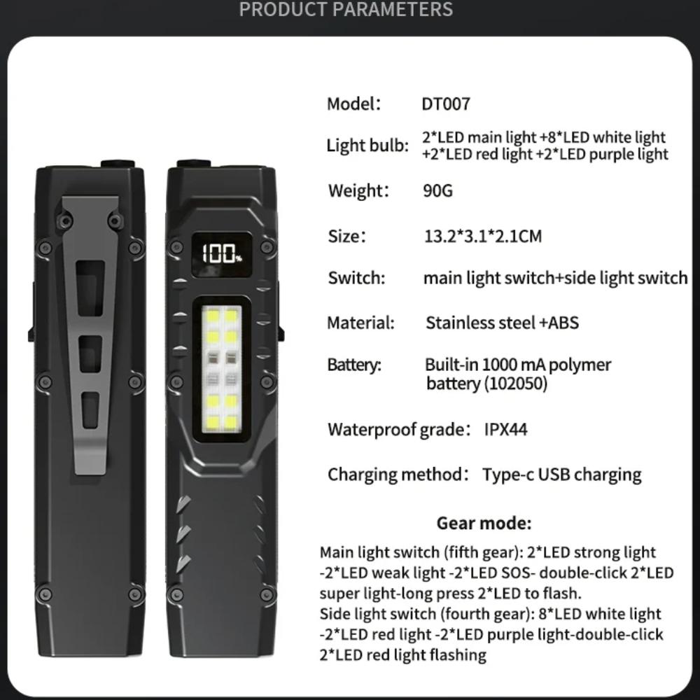 Portable EDC Torch Flashlight USB Rechargeable Hand Flashlight IPX44 Waterproof LED Work Light for Emergency Camping