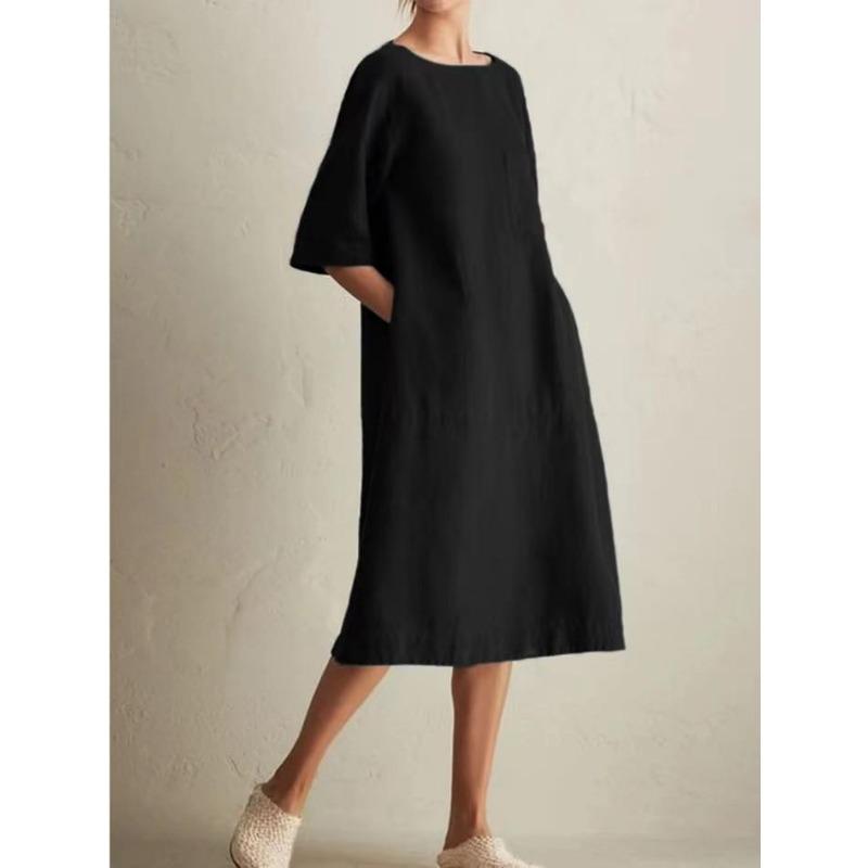 Solid Color Casual Round Neck Mid Sleeve Pocket New Dress Summer