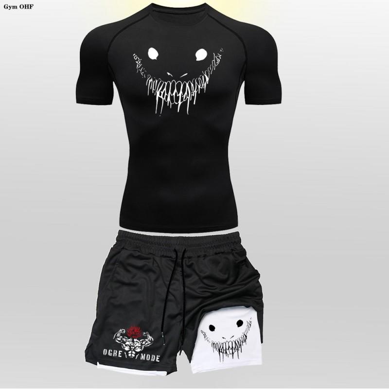 Mens Athletic 2-Piece Set: Quick-Dry Compression T-Shirt Shorts With Graphic Print Running Training Gym