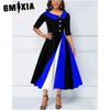 Women's Button-embellished 3D Printed Five-quarter Sleeve Long Dress