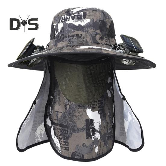 Wide Brim Sun Hat with 2 Solar Fan UV Protection Bucket Hat with Neck Flap And Face Guard 3 Speed Adjustable Fan Hat for Outdoor Fishing Camping