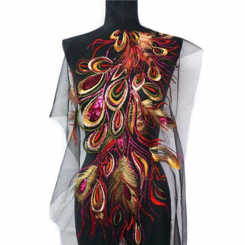 Красно-синее вышитое пайетками перо феникса павлина черное сетчатое свадебное платье аппликация кружевная отделка шитье нашивки платье своими руками