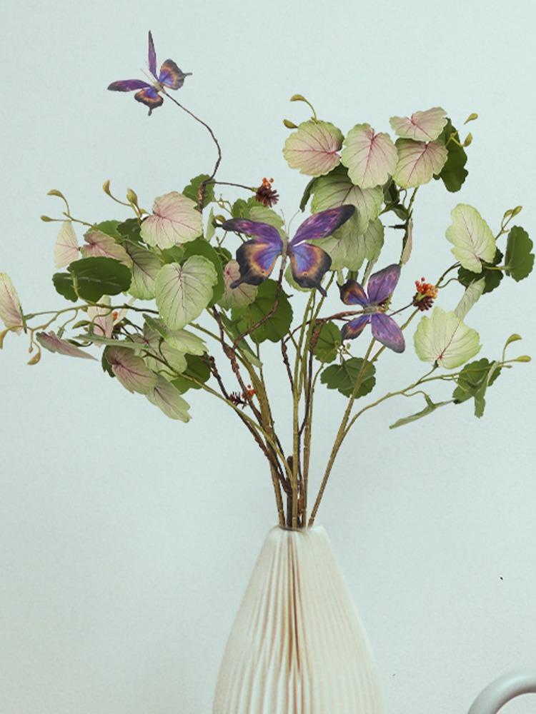 6Pcs Artificial Green Plants Faux Plants 70cm Real Touch Begonia Leaves Branches with Butterfly Fake Flowers Arrangements for Home Office Shop Decor