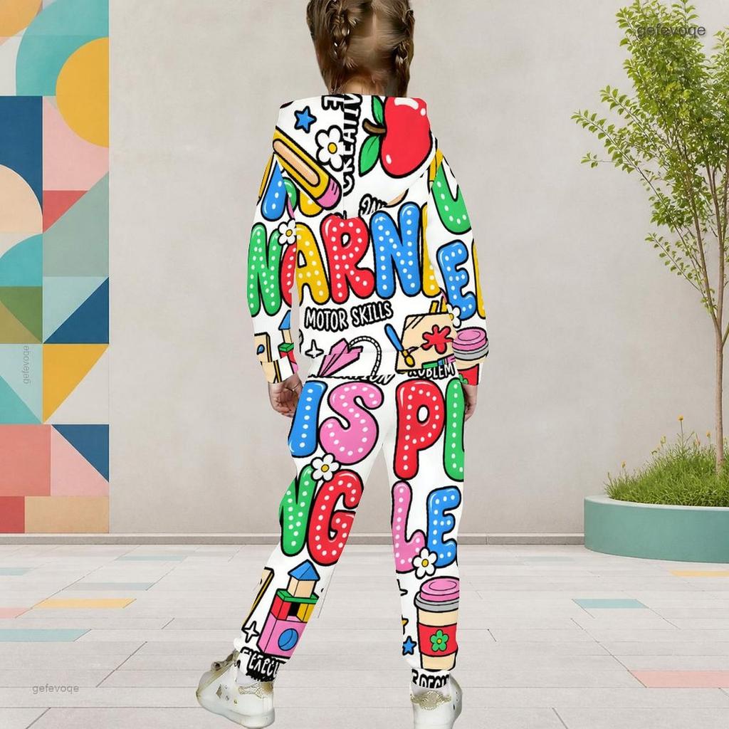 Girls Red White Printed Hooded Two Piece Set Long Sleeve Kangaroo Pocket Top Cuffed Pants