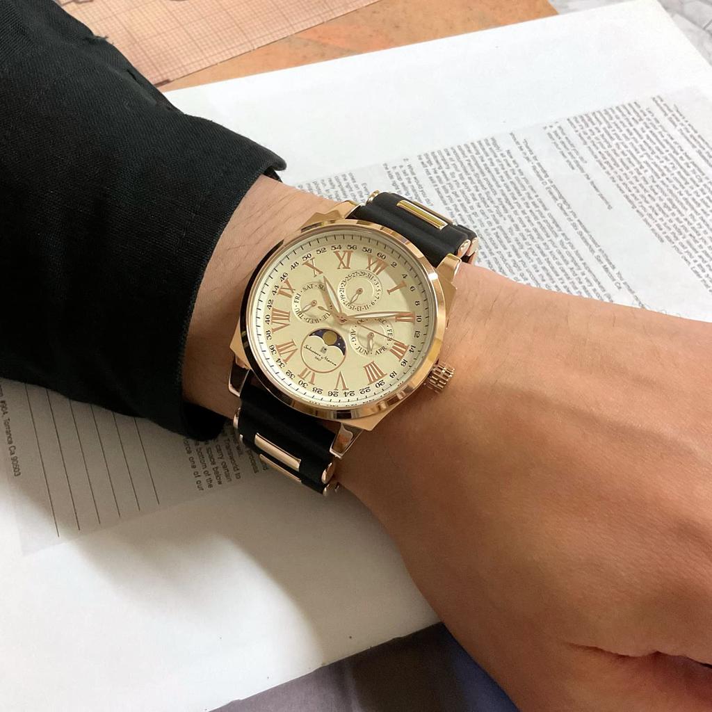 Watch Moon Phase Multi Calendar 5 ATM Water Resistant Business Formal Rubber Belt Limited Model White Pink Gold [Salvatore Mara] Men's SM22105R-PGWH