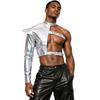 Men Shiny Metallic Asymmetrical Crop Top One Shoulder Long Sleeve Structured Epaulet Adjustable Buckles for Rave Club Stage