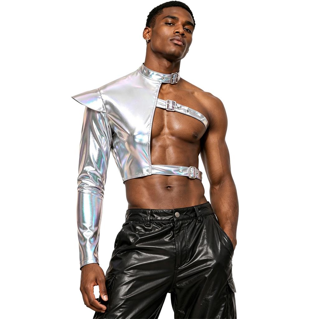 Men Shiny Metallic Asymmetrical Crop Top One Shoulder Long Sleeve Structured Epaulet Adjustable Buckles for Rave Club Stage