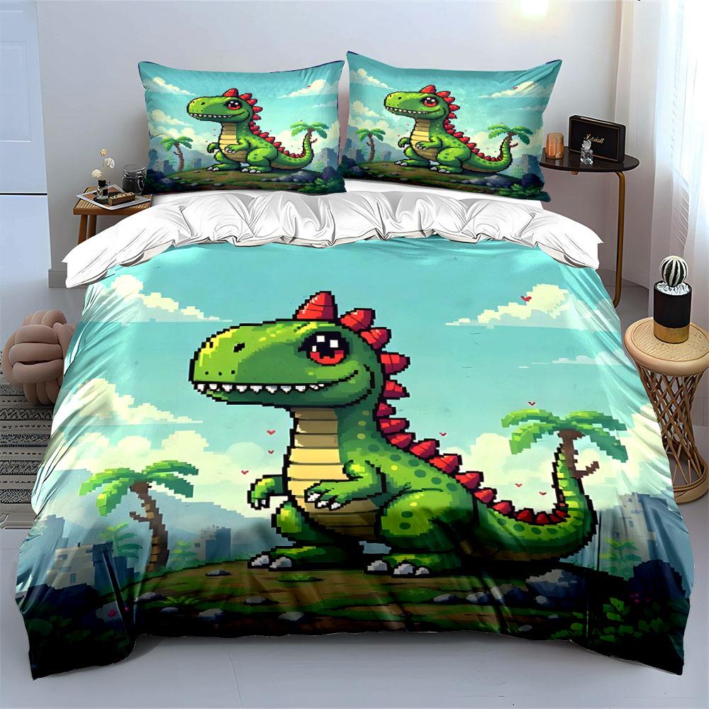 Cute Pixel Art Green Dinosaur Bedding Duvet Cover Set (1*Duvet Cover 2*Pillowcases, without duvet insert)