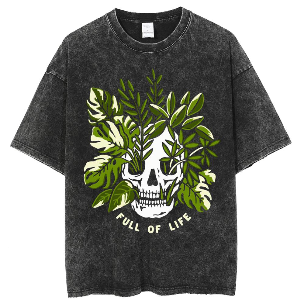 Парные футболки Свободные Оверсайз Футболки из вареного денима Принт с черепом и ботаническим мотивом Повседневный шик Унисекс Футболка с коротким рукавом Винтаж