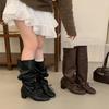 Сапоги на толстом каблуке женские 2025 осень и зима новые женские сапоги но ботфорты высокие сапоги круглый носок вестерн рыцарские сапоги