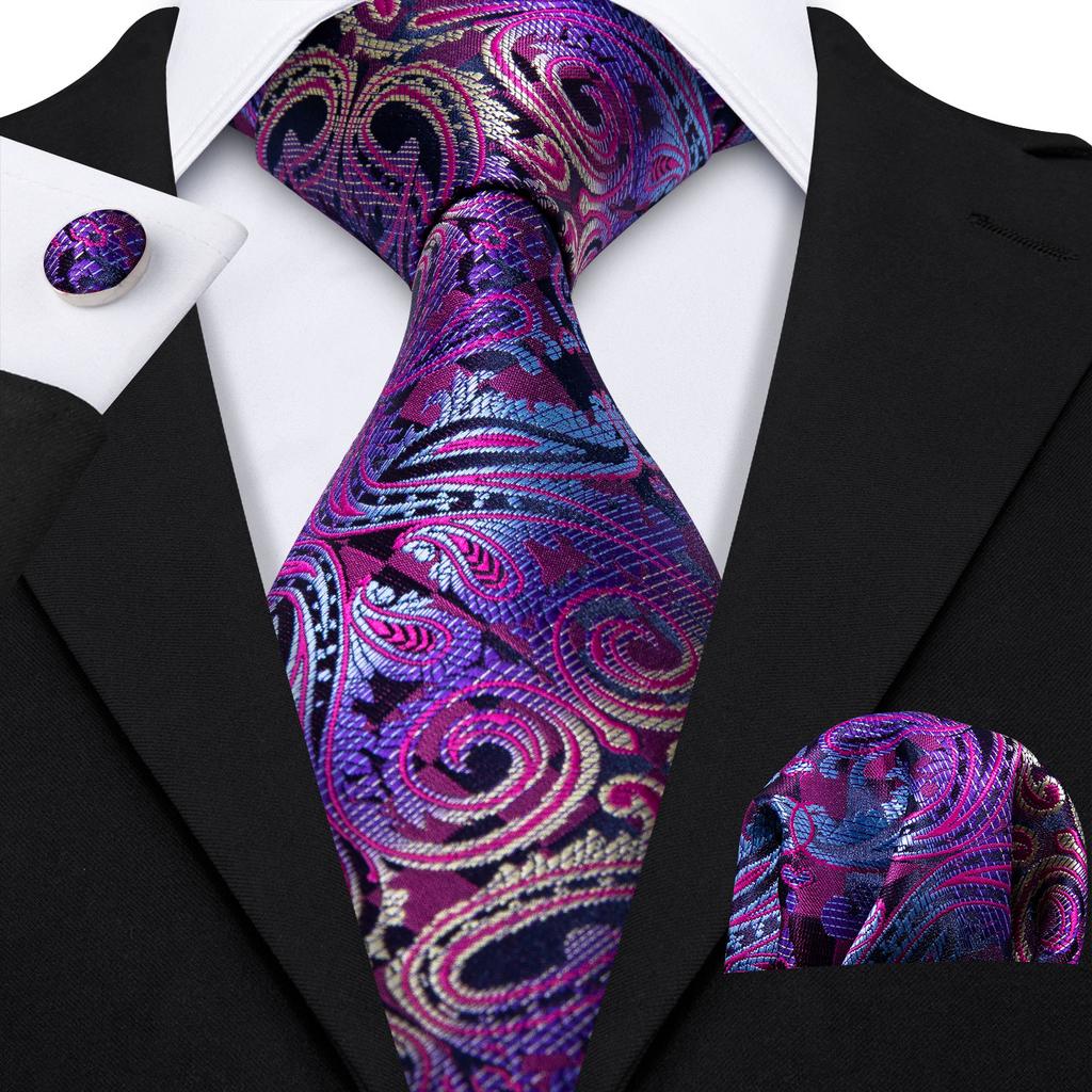 Hi-Tie Fashion Mens Wine-Red Paisley Necktie Hanky Cufflinks for Business Wedding