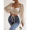 Sexy Mesh Lantern Sleeves Drawstring Wrap Chest Bare Midriff T Shirt Women Long Sleeves Bottoming