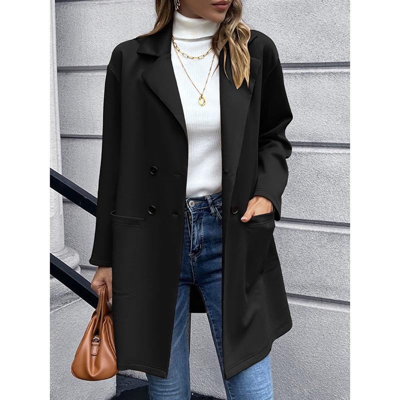 Autumn Mid Long Solid Casual Loose Women Jacket Double Breasted Formal Office Jackets for Women Fashion Winter Pockets Notched Ladies Coat 24899