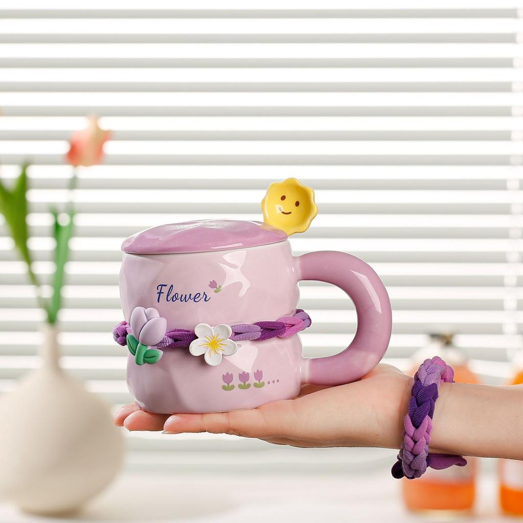Tulip Mug with Lid Spoon High End Sense of Girls' Flowers Ceramic Cup High Looking Cute Ins Household Water Cup