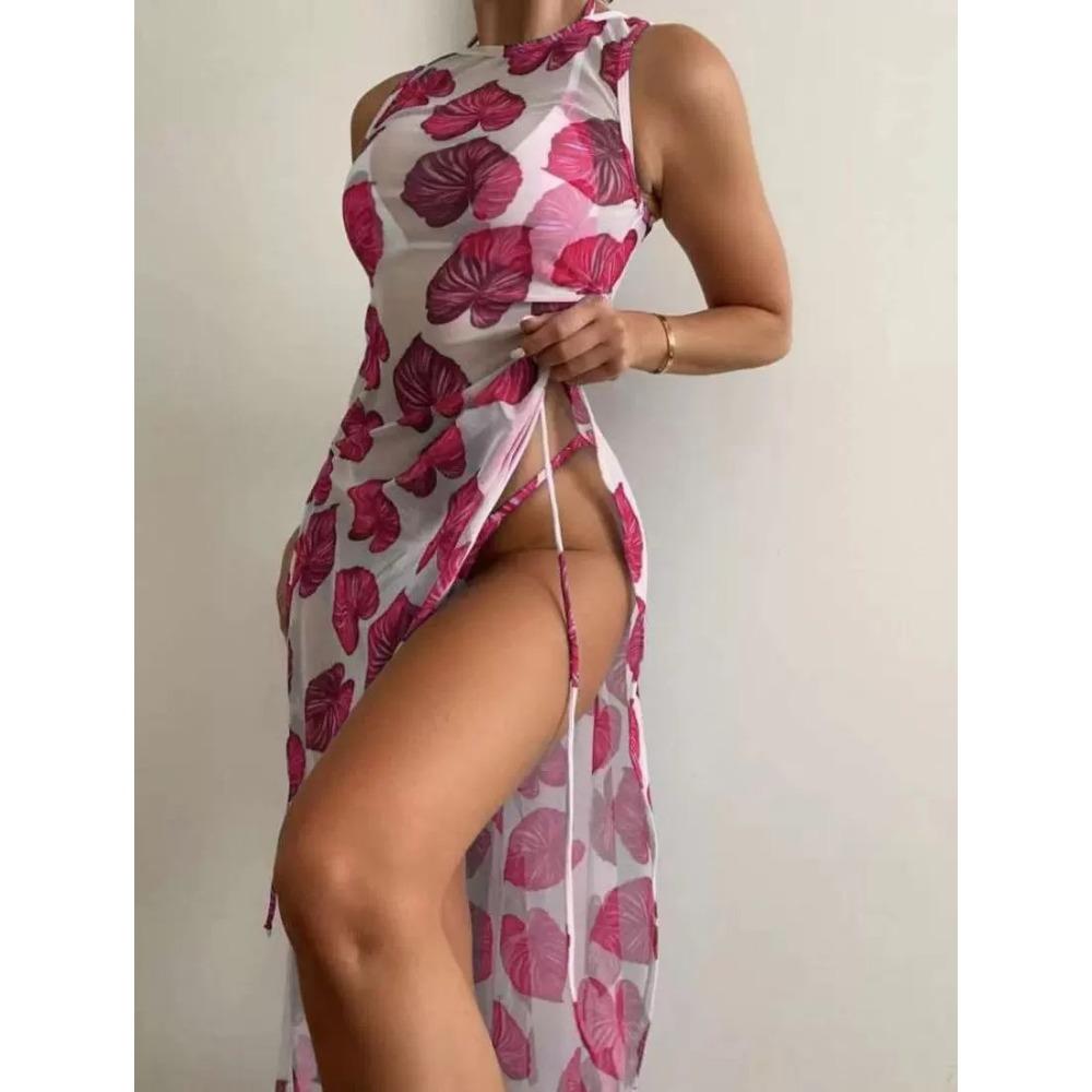 Сексуальный разделенный трехсекционный зеленый купальник бикини с цветочным принтом