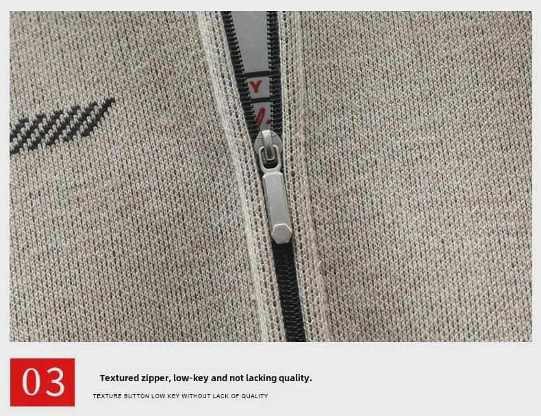 Мужской вязаный кардиган 2023 года на бархатной подкладке: Теплая куртка с принтом, длинными рукавами и воротником-стойкой для осени/зимы.