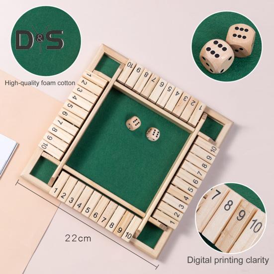 Shut The Box Board Game with Dice 4-Way Educational Math Number Strategy Game 4 Players Kids Adults Family Night Party Wooden Close The Box Toy