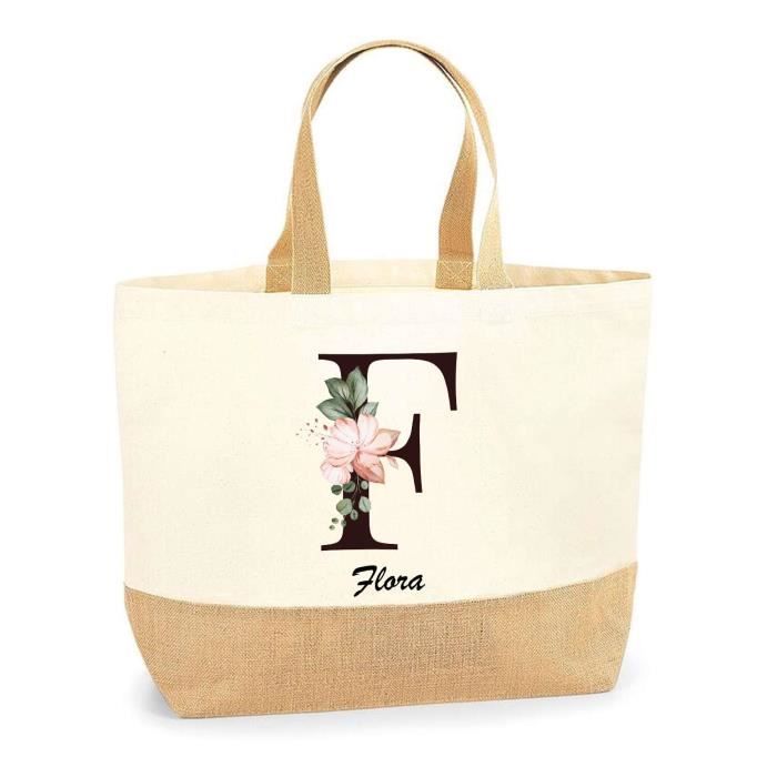 Sac Jute Flora Lettre Fleur Cabas de Plage Femme