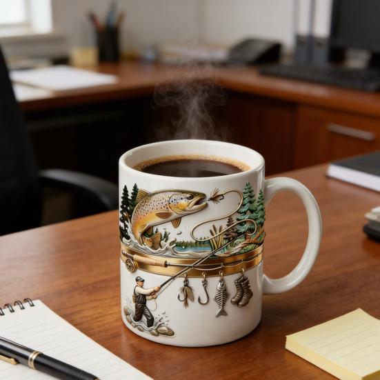 Керамическая кружка "Подсел на рыбалку" 2D Плоская печать Чашка для чая и кофе Забавные подарки для мужчин Папы Мужа Любителей рыбалки и парусного спорта