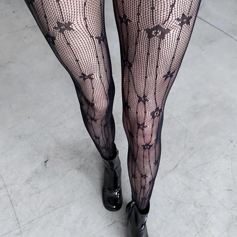 Lolita Girls Cross Print Fishnet Tights Lingeries Sexy  Women Hollow Out Pantyhose Y2K Pants Gothic Fashion Body Stockings
