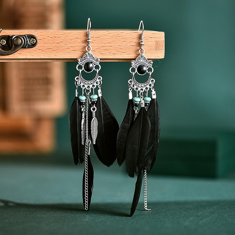 Vintage Long Feather Earrings Bohemian Personality Pattern Earrings Vacation Travel Earrings